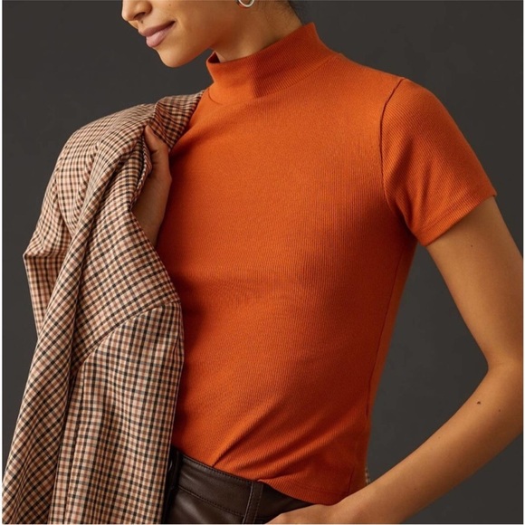 Anthropologie Tops - Anthropologie Maeve Ribbed Mock Neck Burnt Orange Short Sleeve Baby Tee M